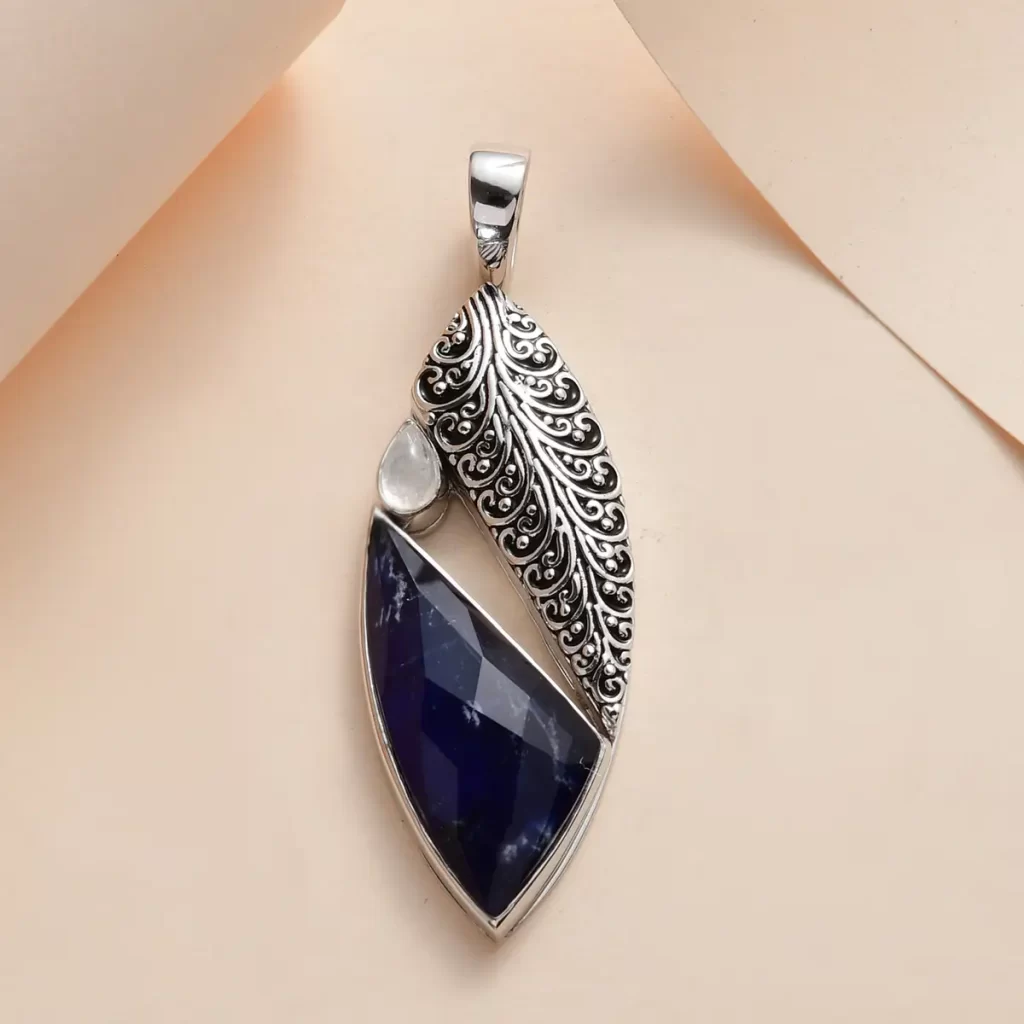 Sajen Silver Blue Sodalite Quartz and Rainbow Moonstone Pendant in Platinum Over Sterling Silver