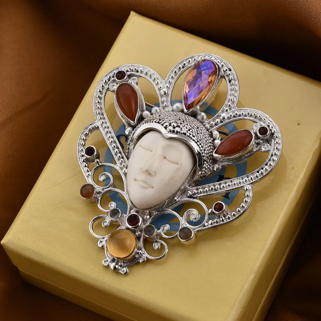 Sajen Silver Carved Bone and Multi Gemstone Pendant in Sterling Silver