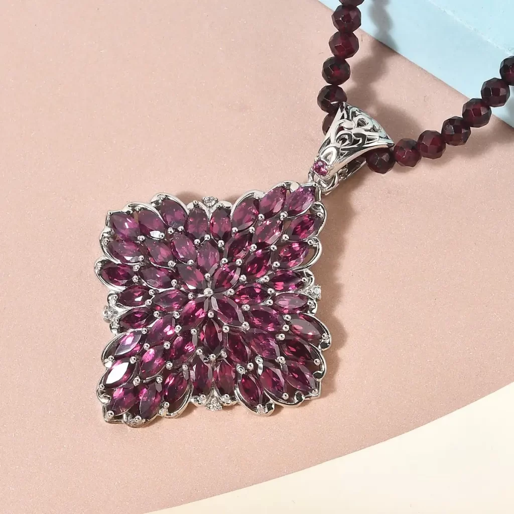 Orissa Rhodolite Garnet White Zircon Necklace in Platinum Over Sterling Silver