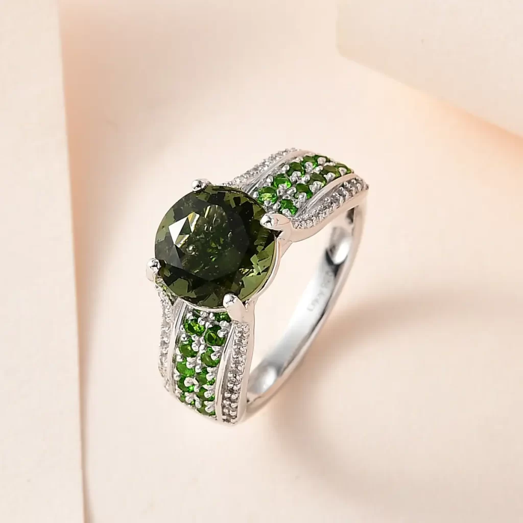 Premium Bohemian Moldavite and Multi Gemstone Bridge Ring in Platinum Over Sterling Silver