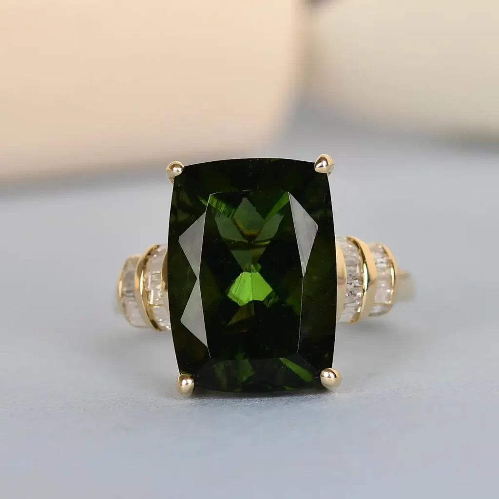 Yellow Gold AAA Bohemian Moldavite and Diamond Ring