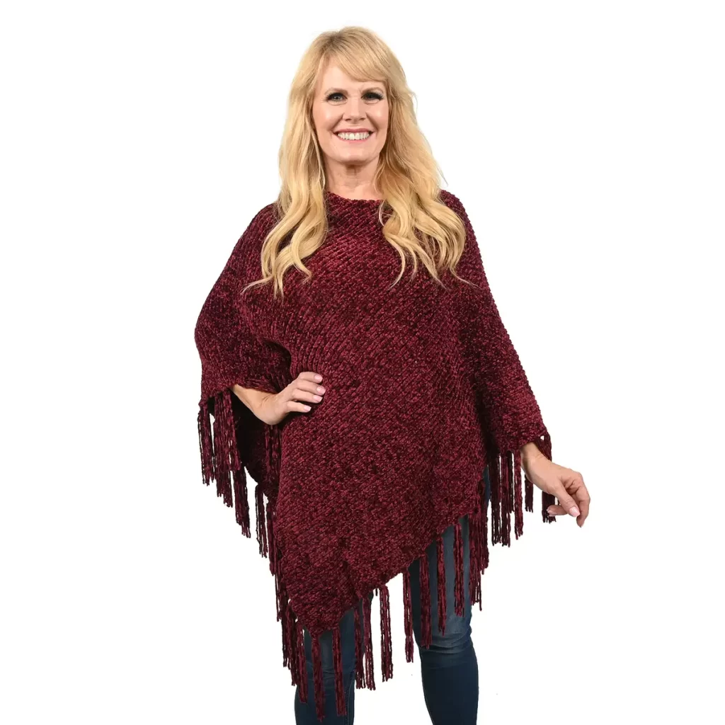 Designer Inspired Perfect Fall Winter Soft Chenille Poncho with Fringe Burgundy