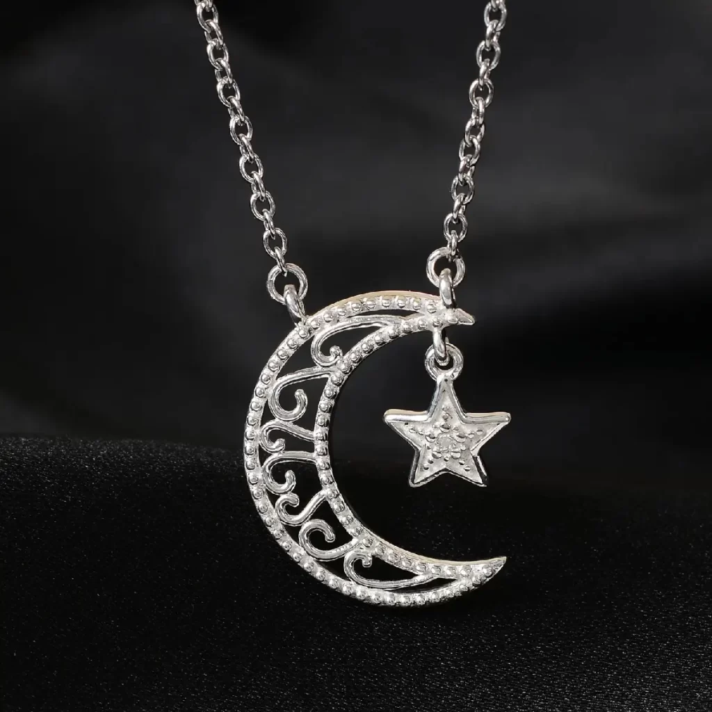 Diamond Accent Star & Half Moon Necklace 18 Inches in Sterling Silver & Stainless Steel