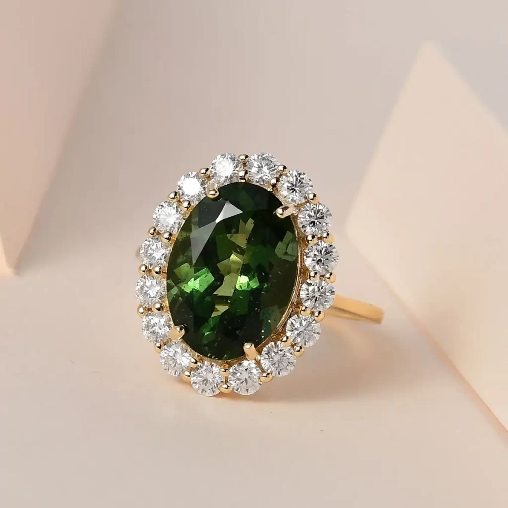 Green Apatite ring Yellow Gold Premium Tanzanian Natural Green Apatite and Moissanite Halo Ring