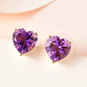 Amethyst Heart Stud Earrings in Vermeil Yellow Gold Over Sterling Silver