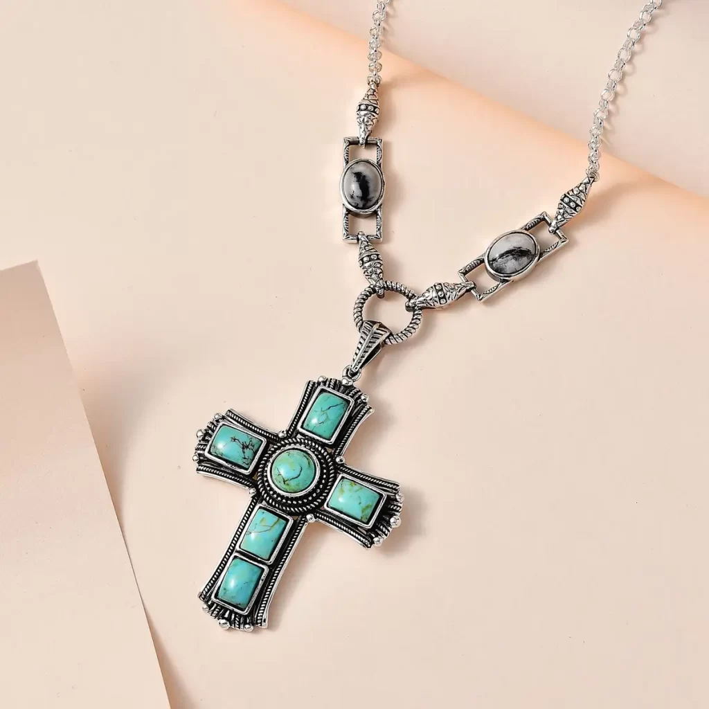 Artisan Crafted Blue Moon Turquoise and White Buffalo Cross Necklace in Sterling Silver