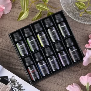 Set of 10 Essential Oil (Lavender, Vanilla, Rose, Blue Water, Jasmine, Sandalwood, Musk, Cotton, Fresh Linen, Bamboo Oil)