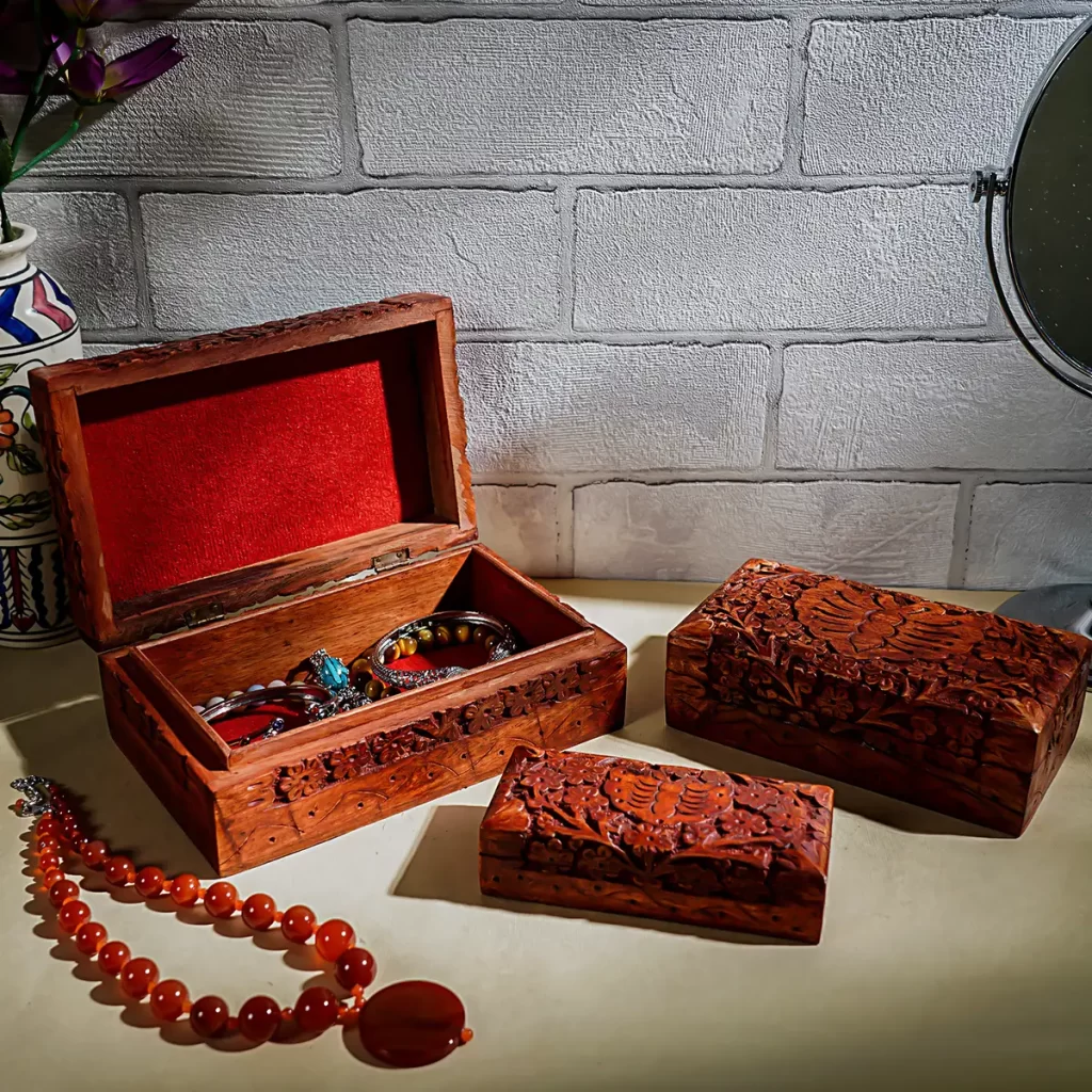 Handcraft Set of 3 Kashmiri and Butterfly Carved Finished Mango Wooden Nesting Boxes