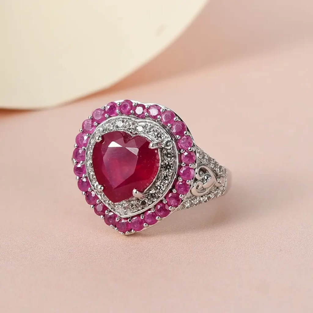 Heart shaped Ruby and White Zircon Heart Ring in Platinum Over Sterling Silver