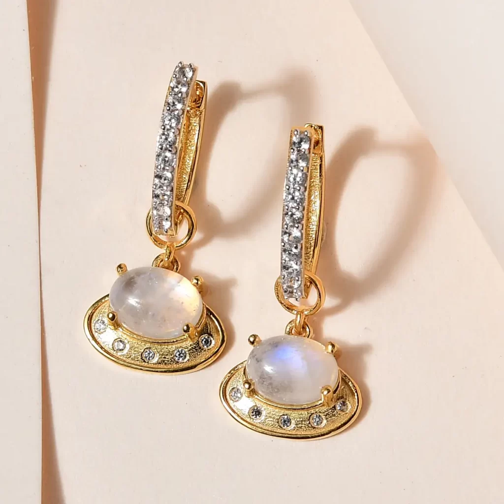 Premium Rainbow Moonstone, White Zircon Celestial Moon UFO Charm Earrings in Vermeil YG Over Sterling Silver