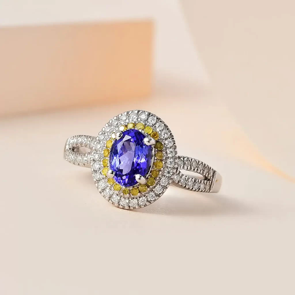 AAA Tanzanite, Moissanite and Yellow Diamond Double Halo Ring