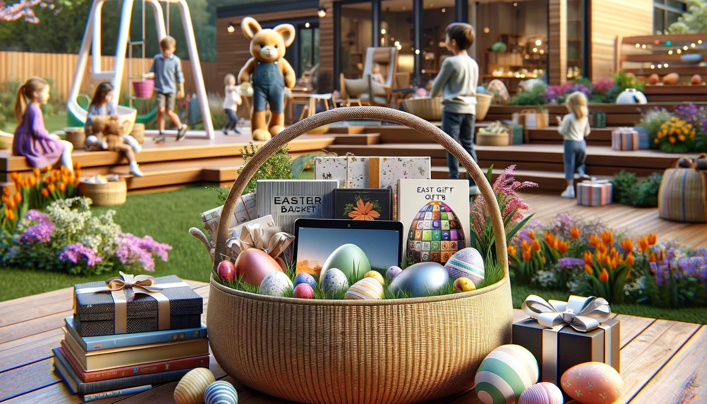 American Easter basket that includes various gifts along with the eggs.