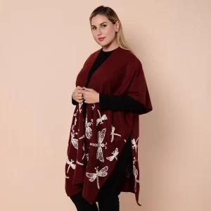 Burgundy Kimono with White Dragonfly Embroidery