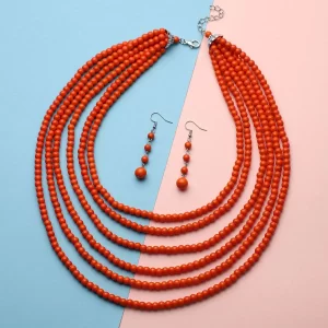 Freshened Orange Howlite Beaded Dangle Earrings and Multi Strand Necklace