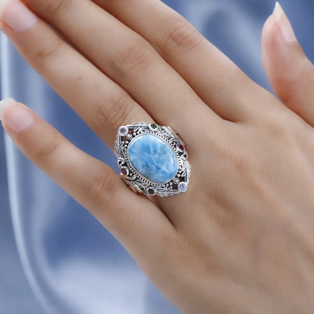 Larimar healing properties with Artisan Crafted Larimar and Multi Gemstone Elephant Ring in Sterling Silver