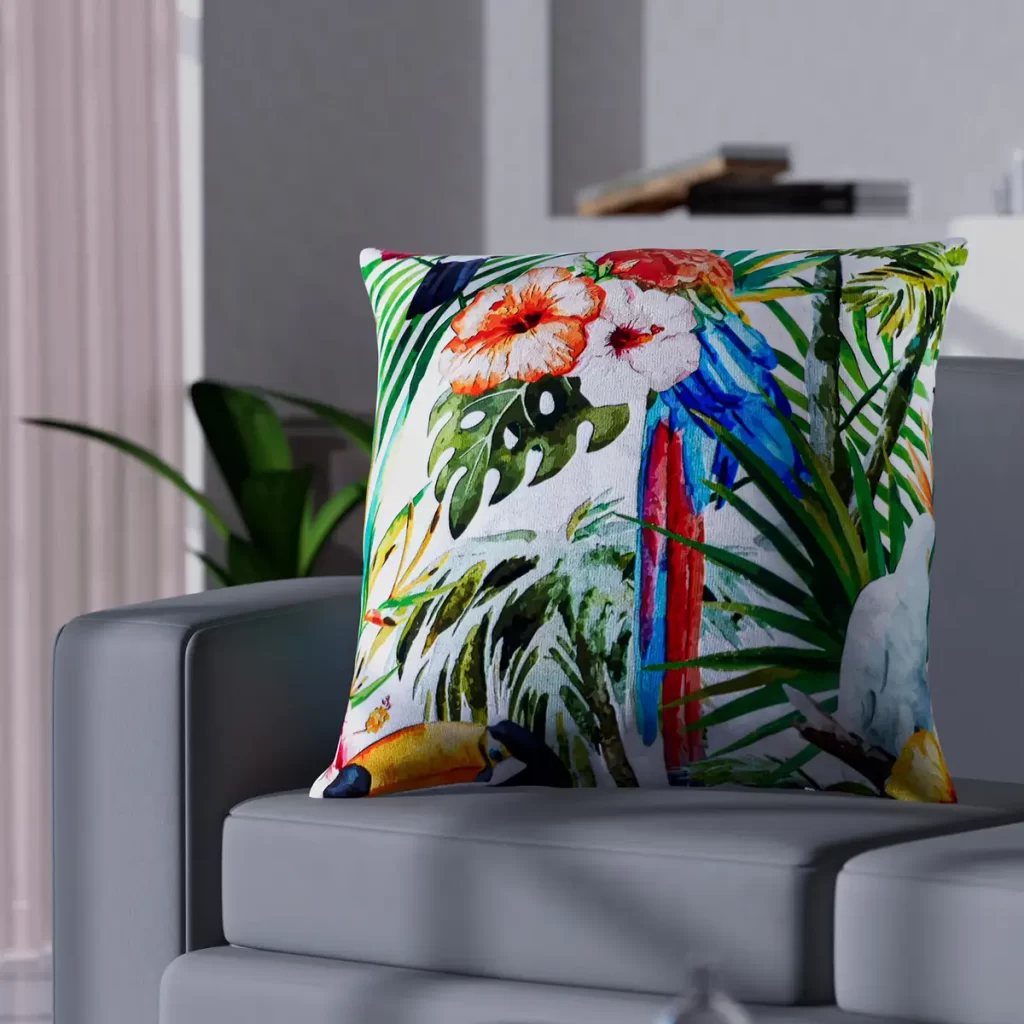 Set of 2 Parrot, Flower and Tropical Leaves Pattern Cushion Cover