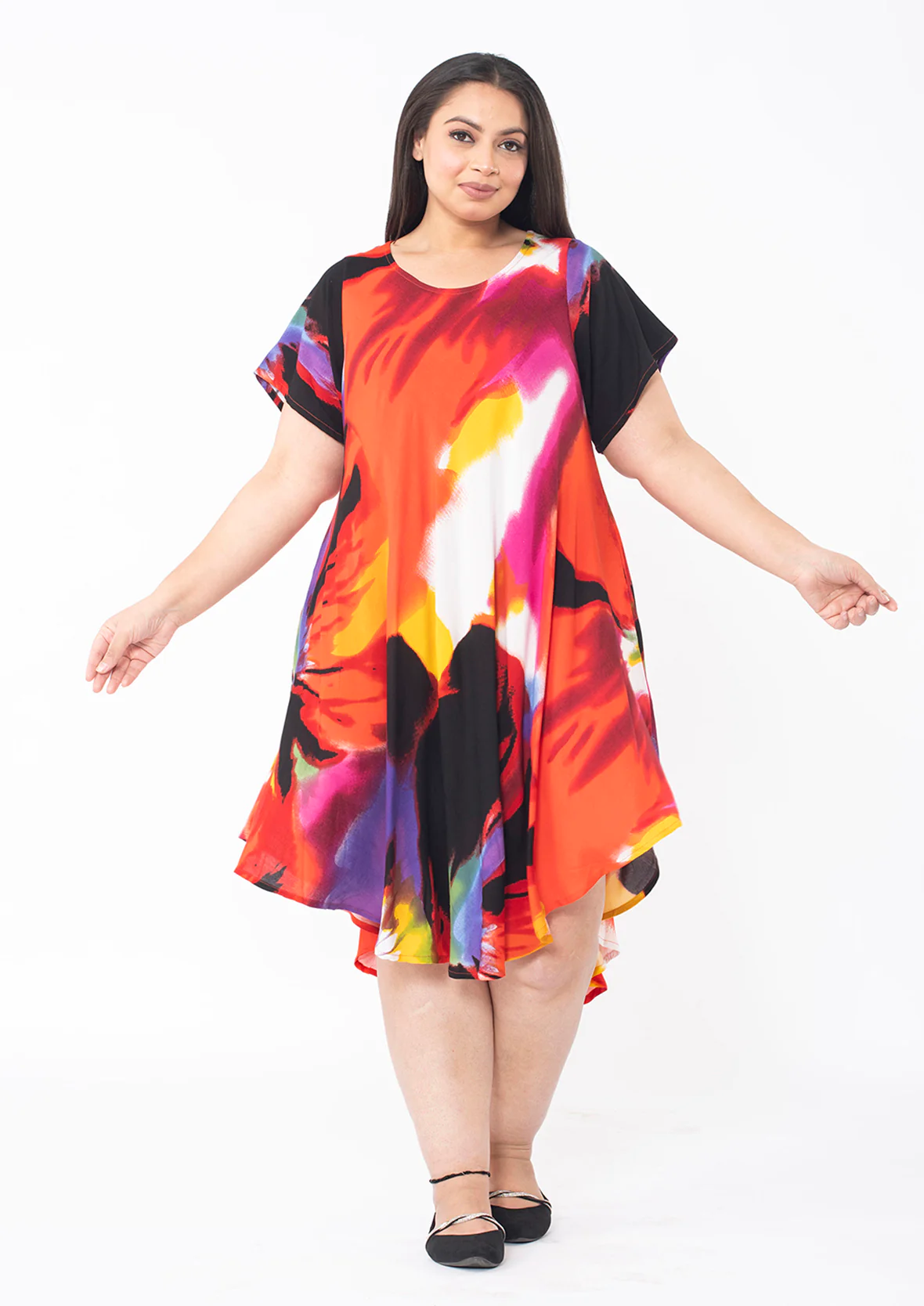 Vibrant Umbrella Dress With Sleeves & Pockets