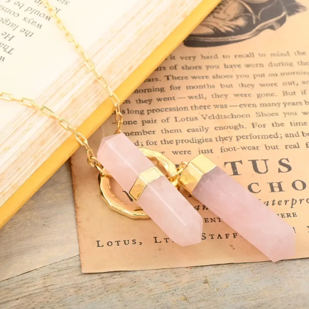 Healing Crystals for Taurus Galilea Rose Quartz Pencil Shape Pendant Necklace