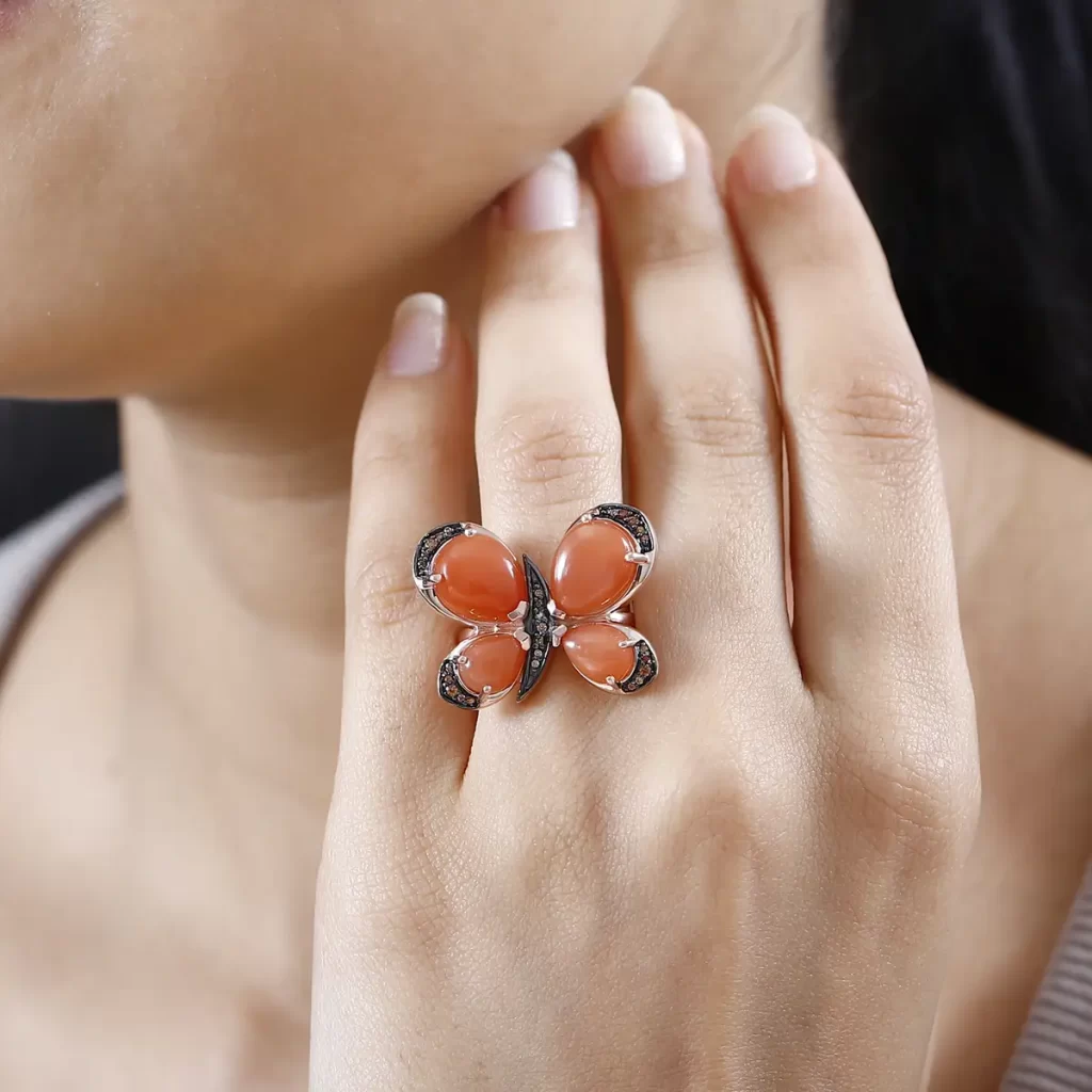 Peach Moonstone and Brown Zircon Butterfly Ring in Vermeil Rose Gold Over Sterling Silver