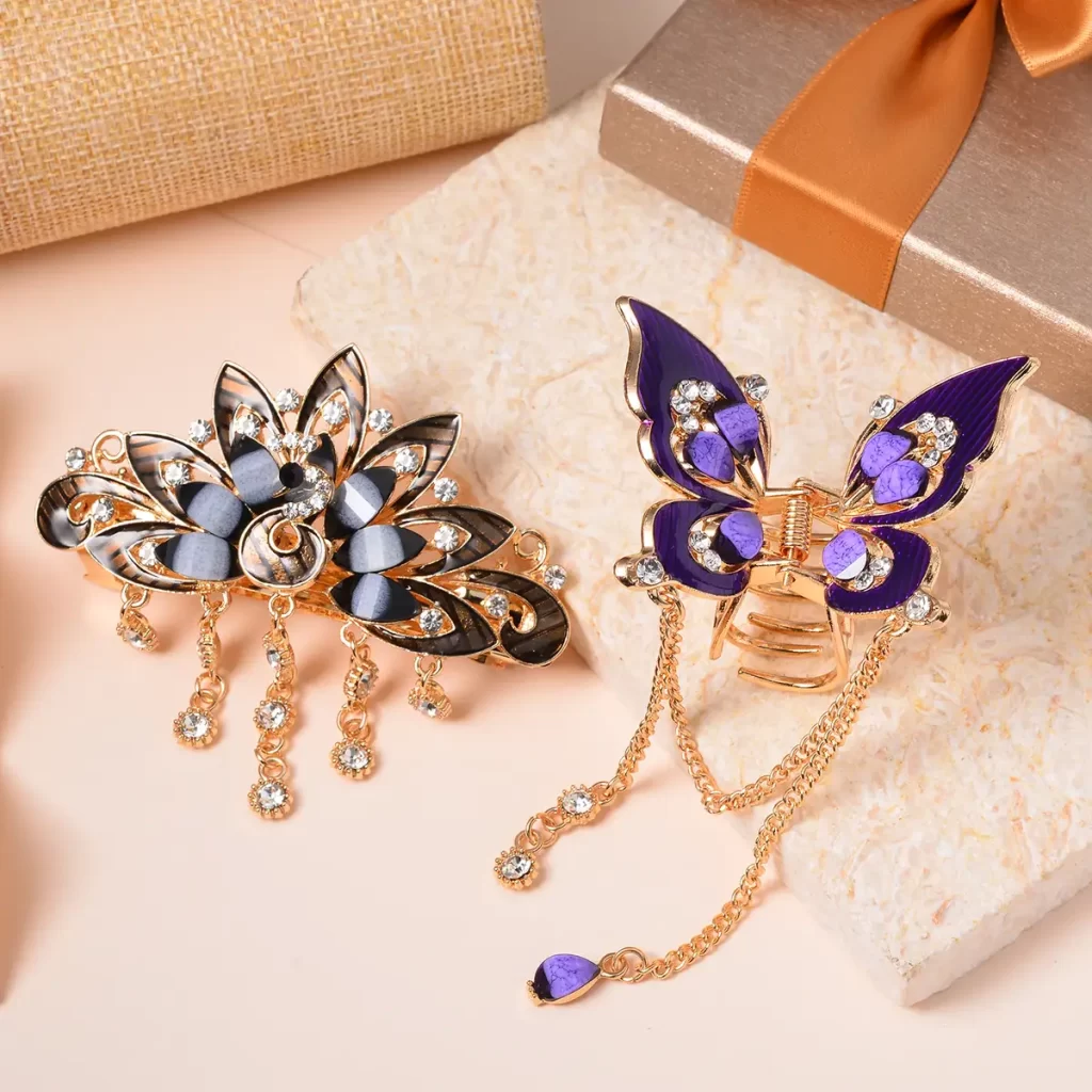 Gifts under $10 Set of 2 Purple and Brown Resin, Black and White Austrian Crystal, Enameled Butterfly and Peacock Hair Claw Clip