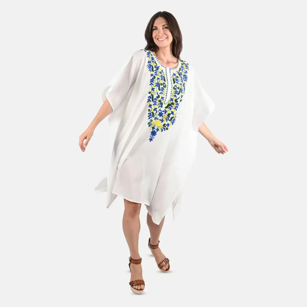 Best fabric for kaftan Tamsy White Front Embroidered Midi Kaftan Dress