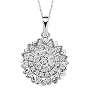 Simulated Diamond Spinner Pendant Necklace, Sunflower Pendant Necklace, Rhodium Over Sterling Silver with ION Plated YG Stainless Steel Necklace, 20 Inch Necklace 0.65 ctw
