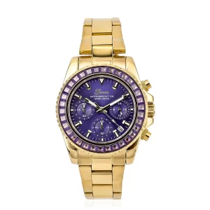 Genoa Finest Purple CZ Multi-Function Movement Watch, ION Plated Yellow Gold Stainless Steel Watch, Formal Bracelet Watch, Best Everyday Luxury Minimal Women's Watch, Analogue Watches 38mm 5.75 ctw
