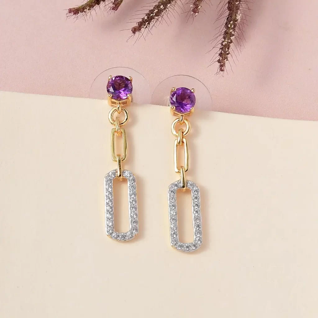 Amethyst and White Zircon Dangling Earrings