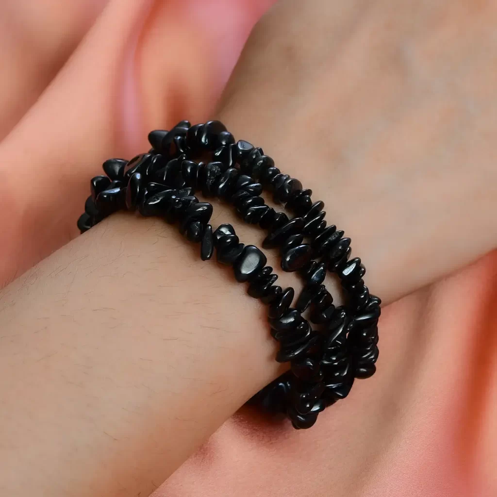 Black Tourmaline Spiritual meaning Chips Bracelet in Sterling Silver