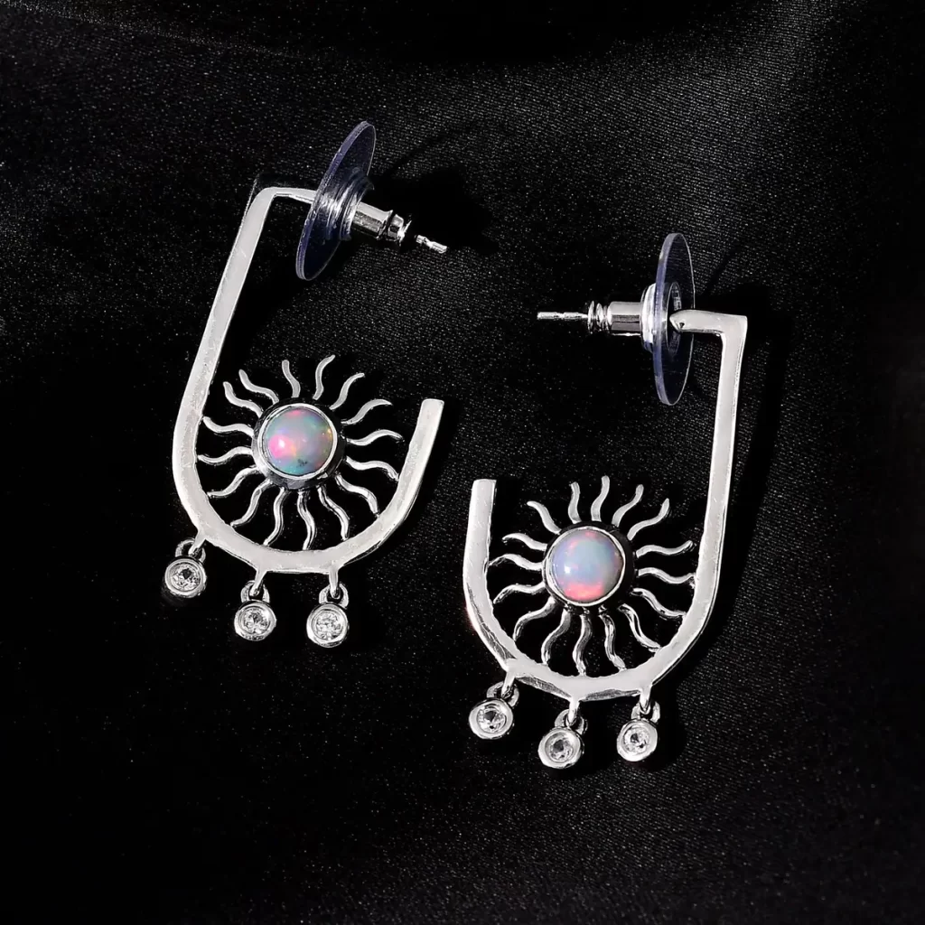 unique silver earrings Ethiopian Welo Opal and White Zircon Celestial Sun Charms Earrings in Platinum Over Sterling Silver