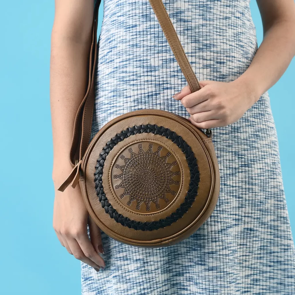 Light Brown Genuine Leather Weaving Round Crossbody Bag