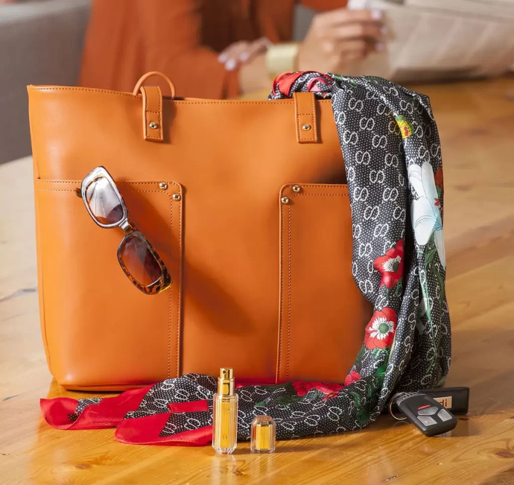 best accessories for fall best fall bags Vegan Leather Tote in Orange, Scarf and Sunglasses Set