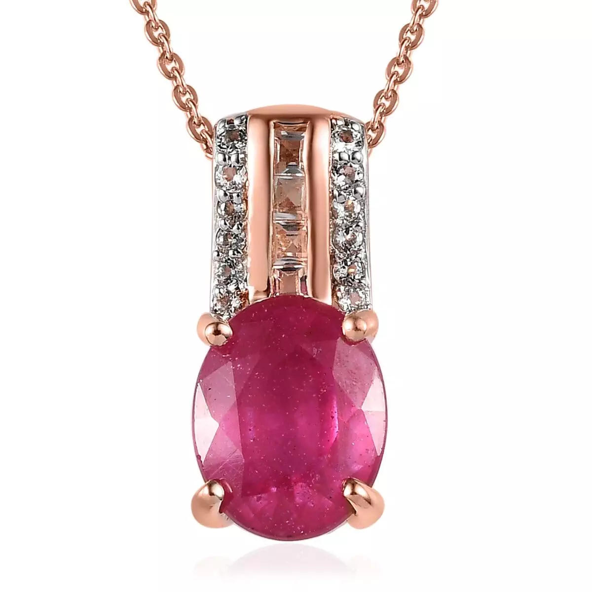 Ilakaka Hot Pink Sapphire (FF) and White Topaz Pendant Necklace 20 Inches in Vermeil Rose Gold Over Sterling Silver 3.90 ctw