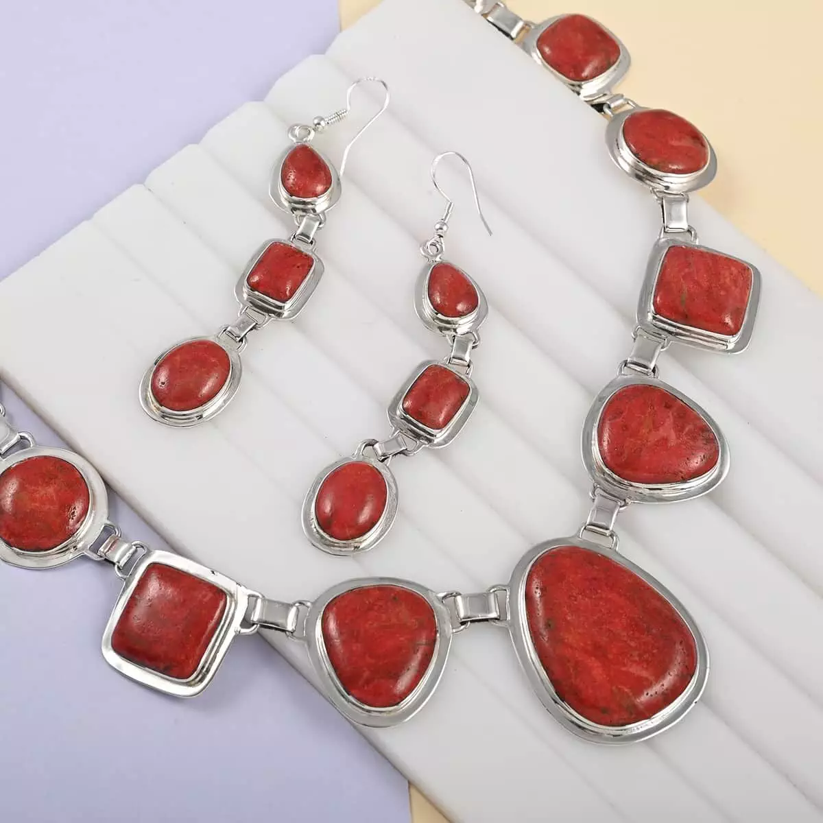 Santa Fe Style Coral Dangle Earrings and Statement Necklace 20 Inches in Sterling Silver