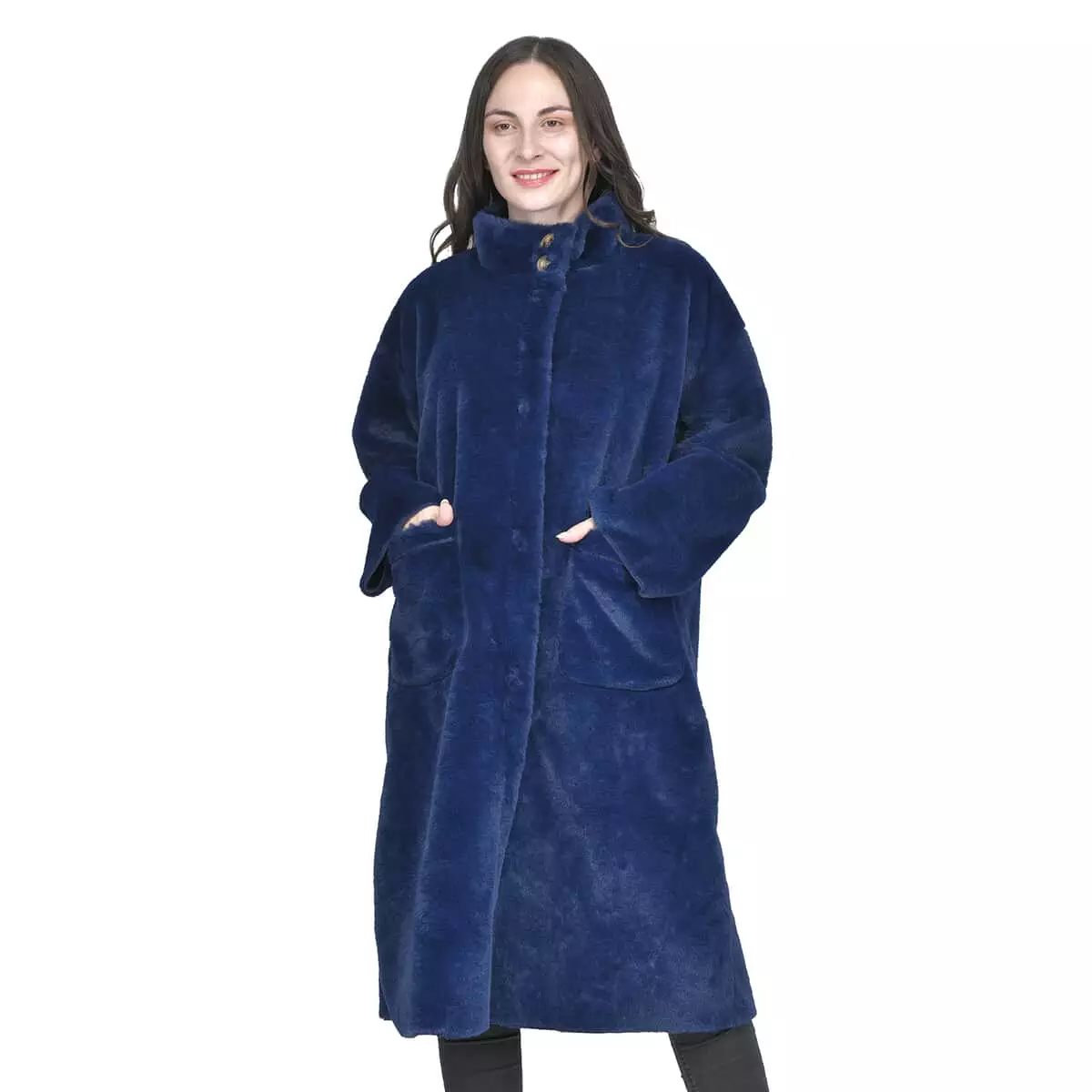 Dark Blue Suede and Polyester Faux Fur Long Coat - L | Women's Winter Coat | Ladies Coat
