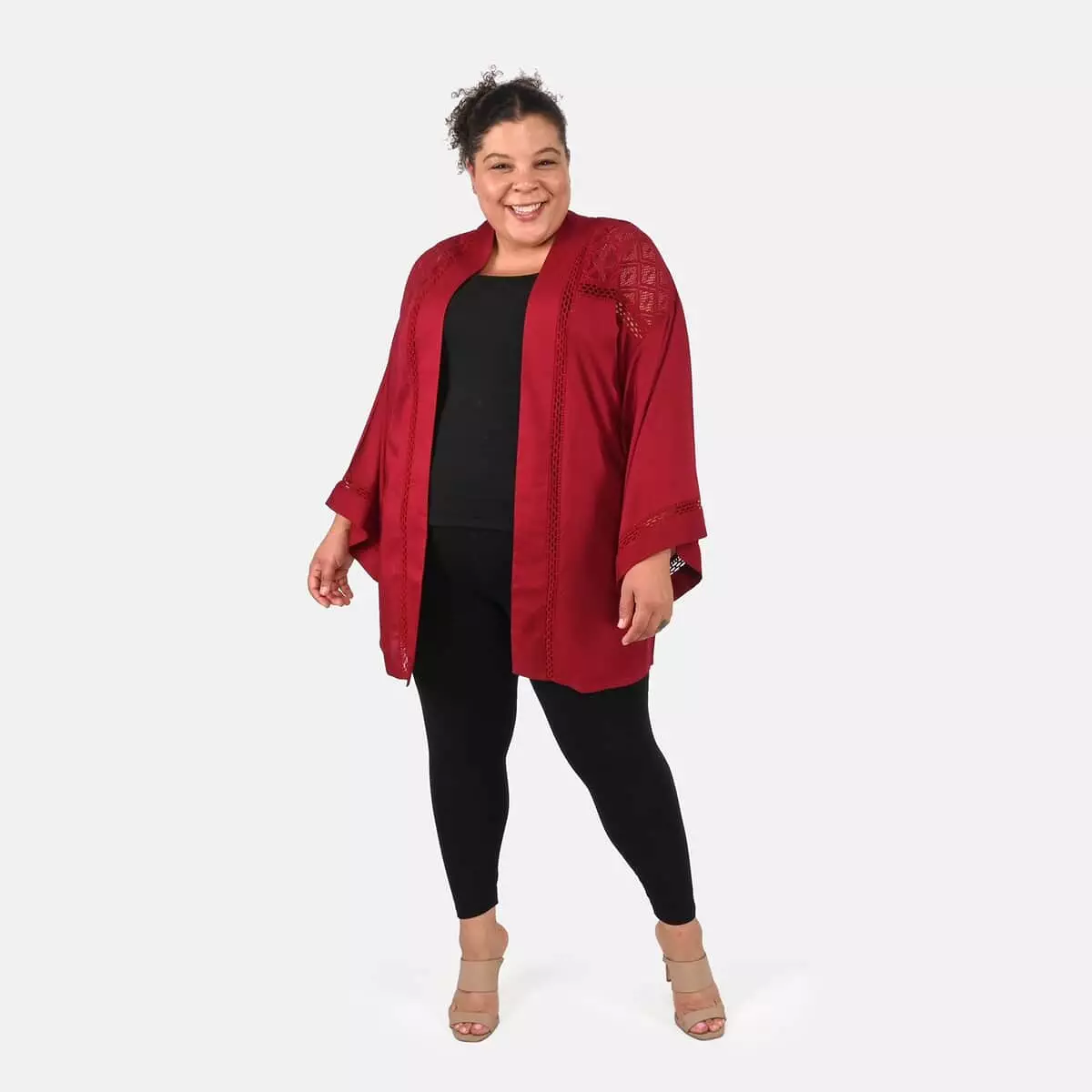 Tamsy Maroon Kimono with Lace Trim -One Size Fits Most