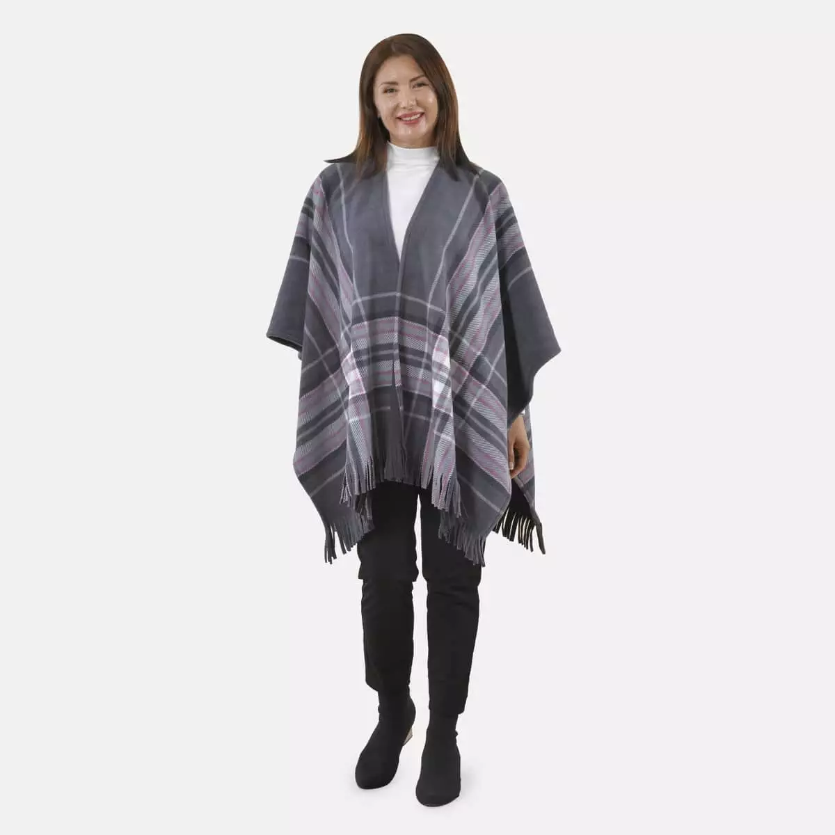 Tamsy Pink Stripe Plaid Pattern Double Knit Poncho with Fringe
