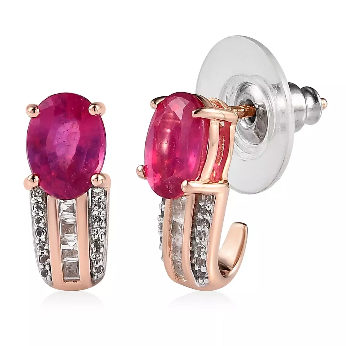 Ilakaka Hot Pink Sapphire (FF) and White Topaz J-Hoop Earrings in Vermeil Rose Gold Over Sterling Silver 4.00 ctw