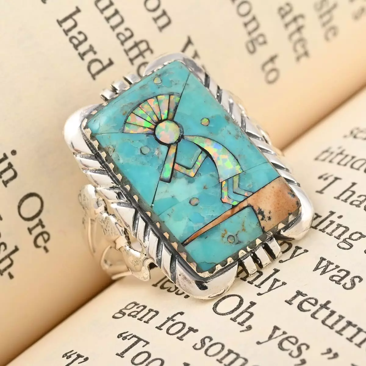Santa Fe Style Blue Turquoise and Lab Created Opal Ring in Sterling Silver 5.25 ctw