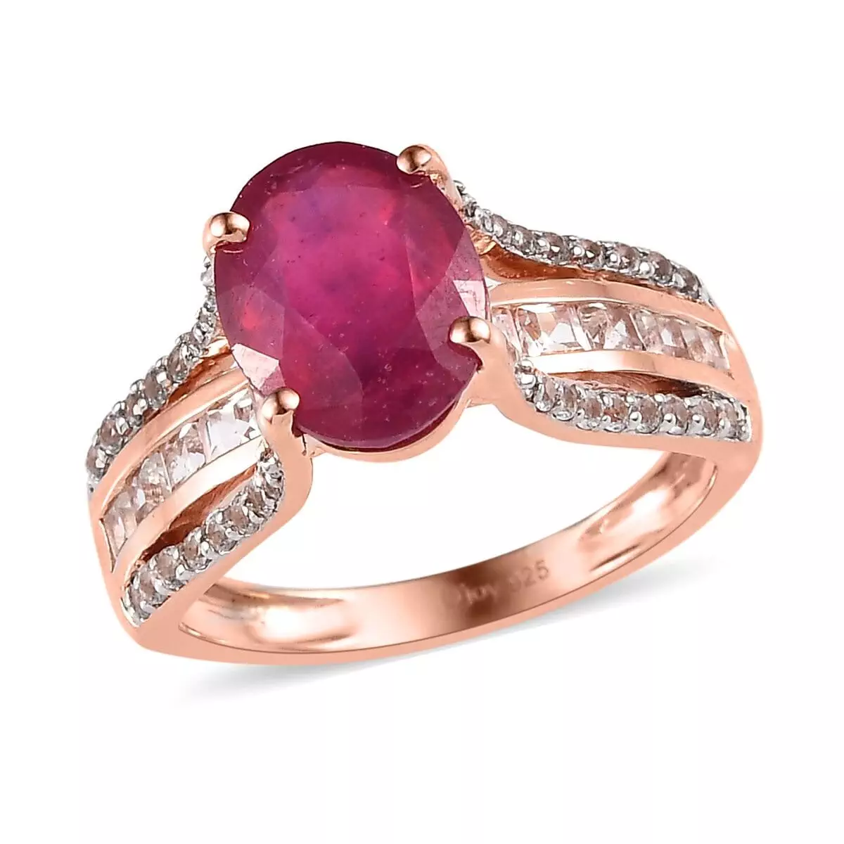 Ilakaka Hot Pink Sapphire (FF) and White Topaz Ring in Vermeil Rose Gold Over Sterling Silver 4.65 ctw