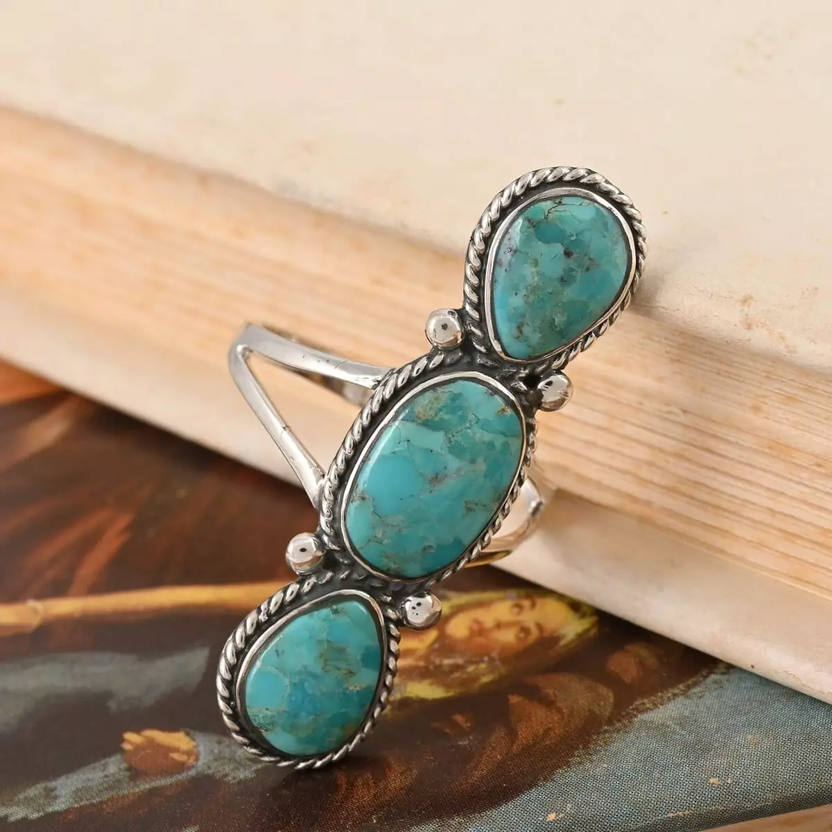 SANTA FE Style Turquoise 3 Stone Ring in Sterling Silver 4.50 ctw
