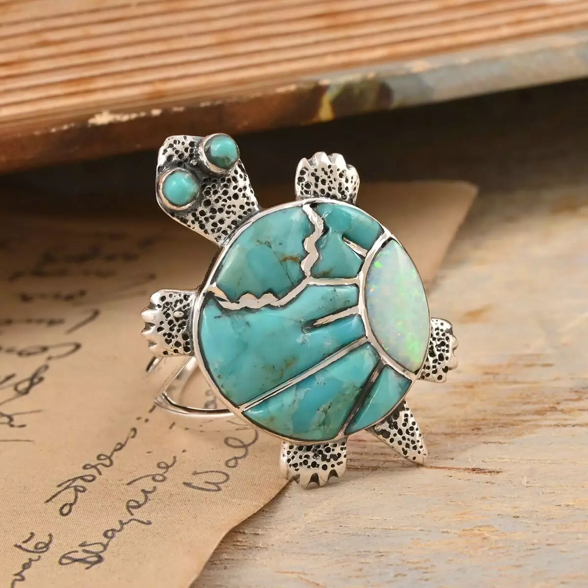 Santa Fe Style Turquoise and Lab Created Opal Turtle Ring in Sterling Silver 3.50 ctw