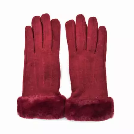 Burgundy Cashmere Warm Gloves with Fluffy Faux Fur and Equipped Touch Screen Friendly
