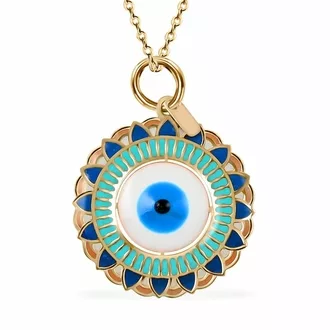 Modern Gold Necklace, blue glass pendant, spinner necklace, orb