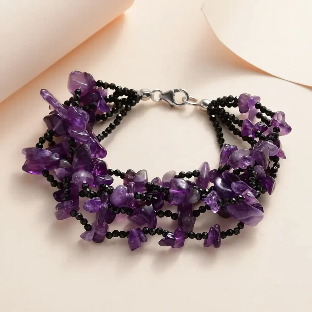 Amethyst and Thai Black Spinel Multi Row Bracelet in Sterling Silver