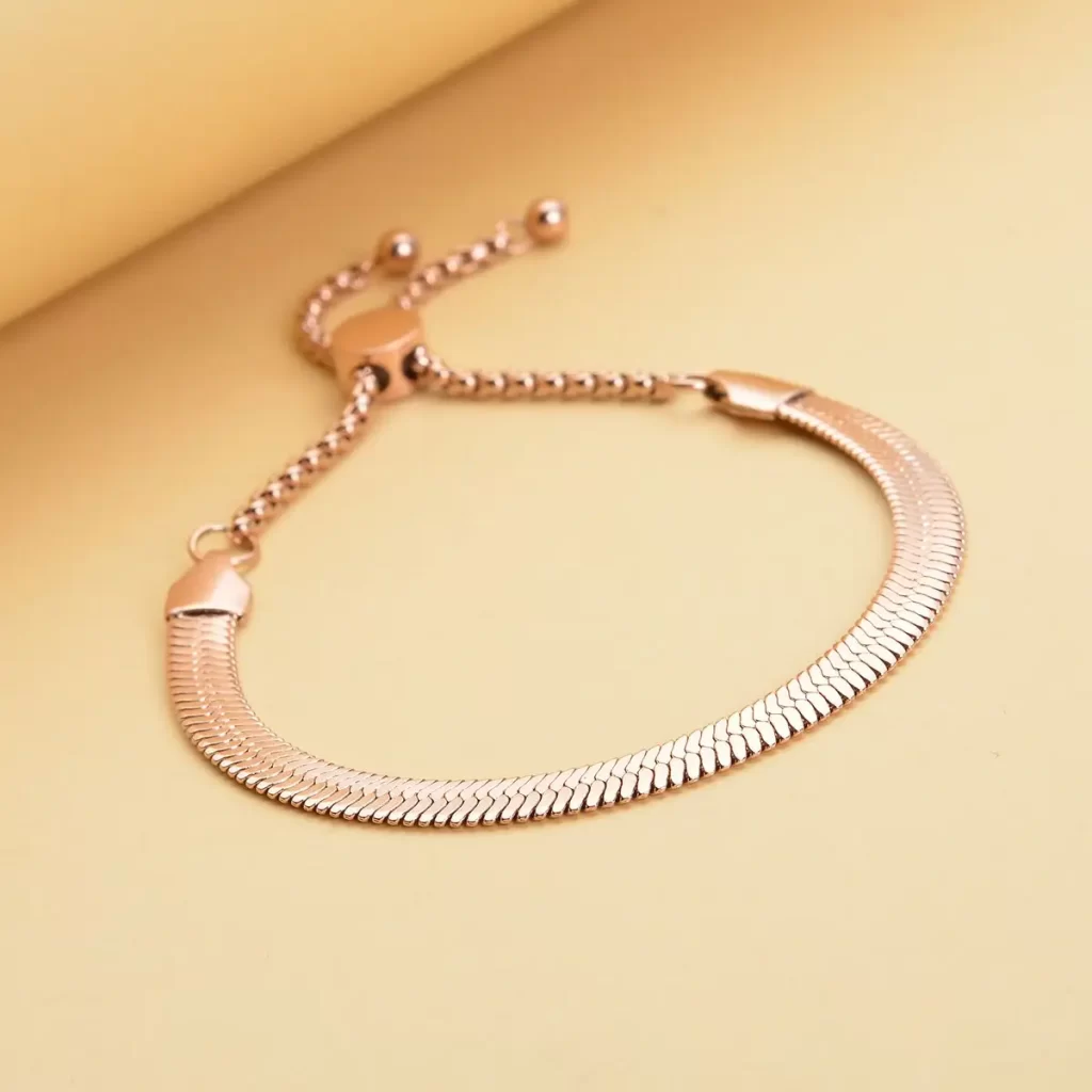 Herringbone Bracelet With Adjustable Ball in ION Plated Rose Gold Stainless Steel 
