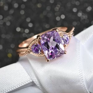 Rose De France Amethyst 3 Stone Ring in 14K Rose Gold Over Sterling Silver