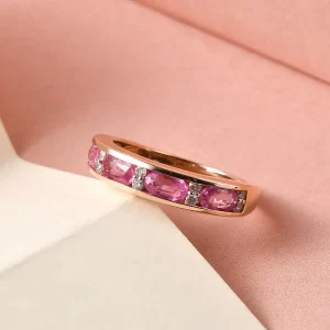 Rose Gold Premium Madagascar Pink Sapphire and Diamond Band Ring, Promise Rings