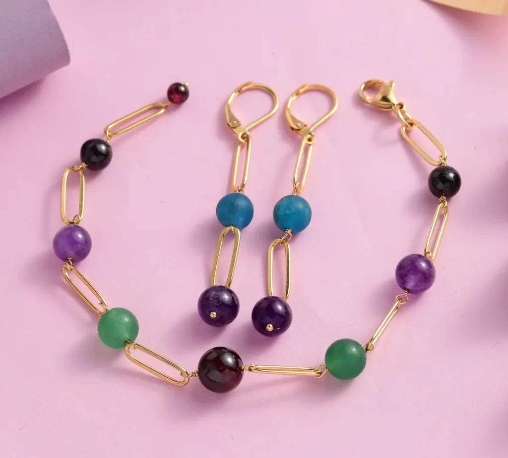 Multi Gemstone Fine Jewelry Paper Clip Chain Station Bracelet 