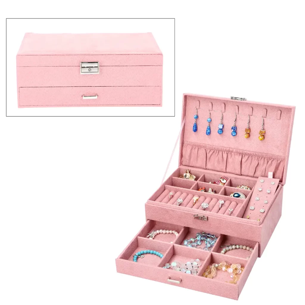 multi-layer velvet jewelry storage box with many compartments and a robust lock